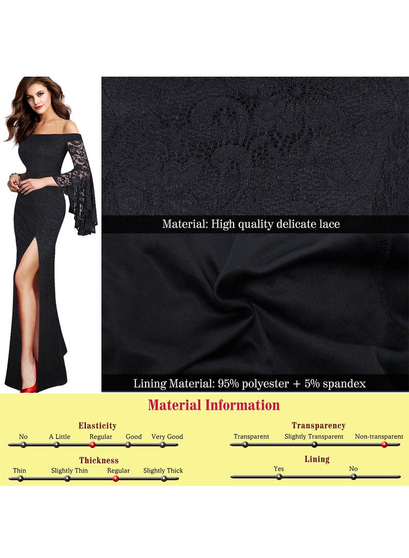 VFSHOW Womens Floral Lace Off Shoulder Bell Sleeve Formal Party Maxi Dress 1810 BLK L - Image 5